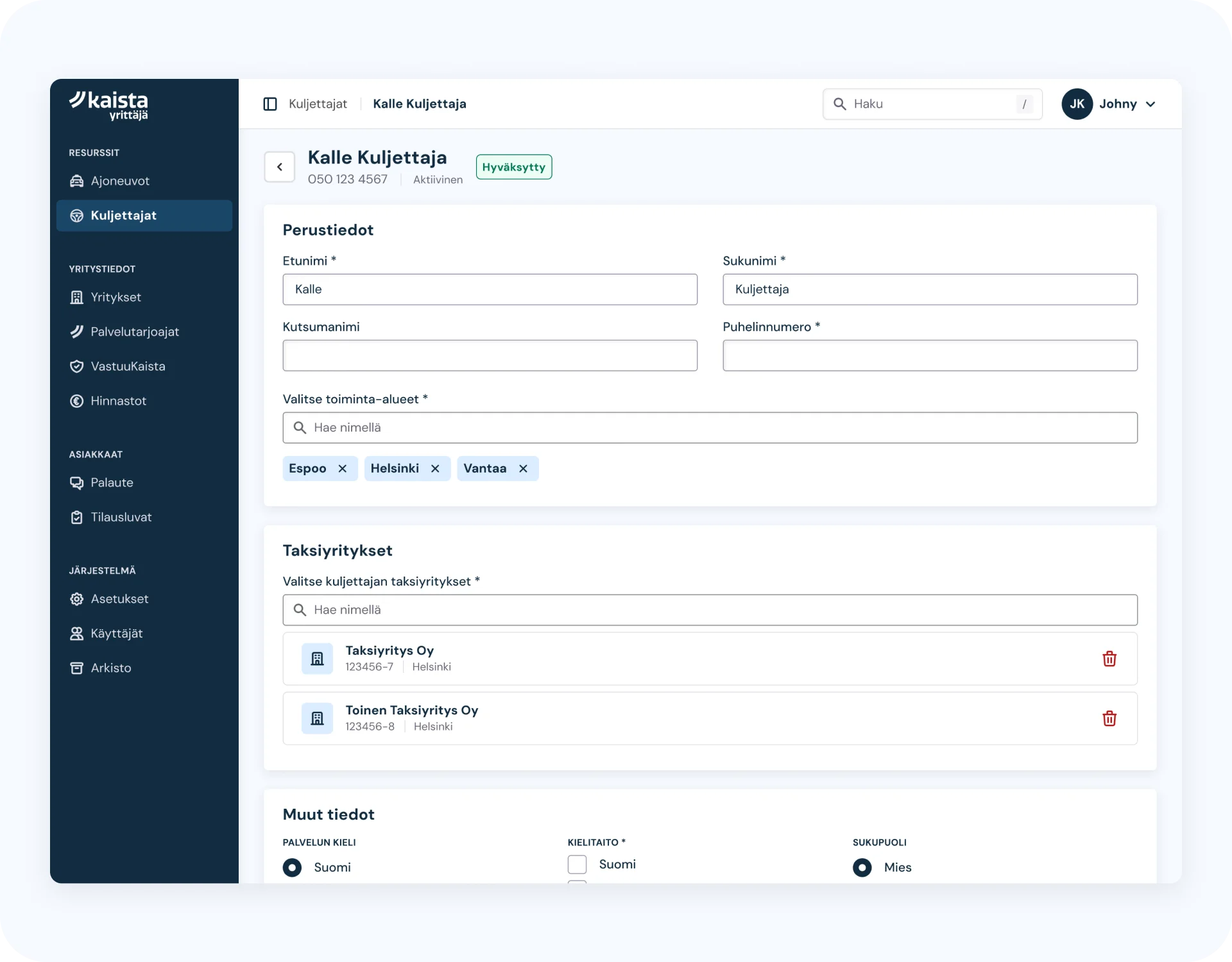 YrittäjäKaistan kalustulostausnäkymä