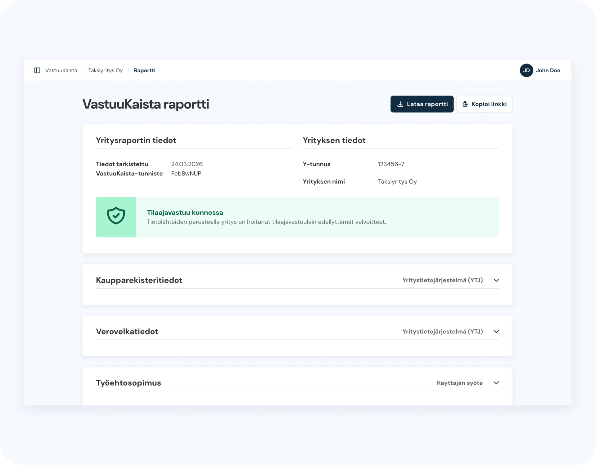 VastuuKaistan raportti näkymä